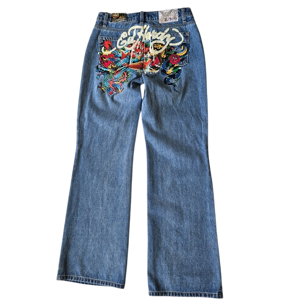Ed Hardy Baggy Jeans Womens Size 28 Light Wash Tattoo Graphic Print NWT